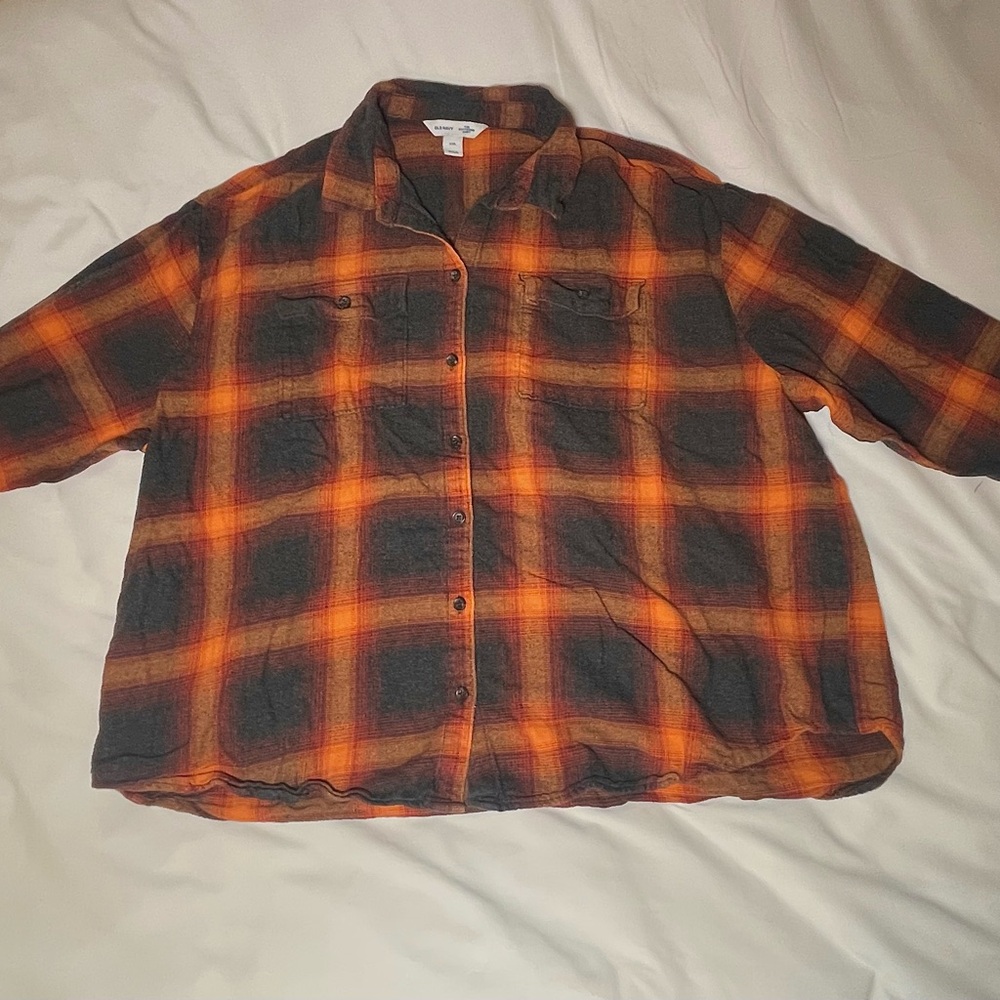 Old Navy Orange and Black Plaid Button Down Shirt